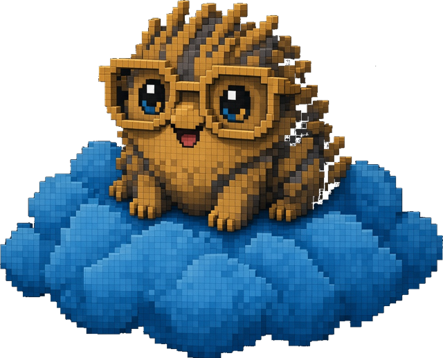 The Cloudmorrow hedgehog in round amber glasses, sitting on a blue pixel cloud
